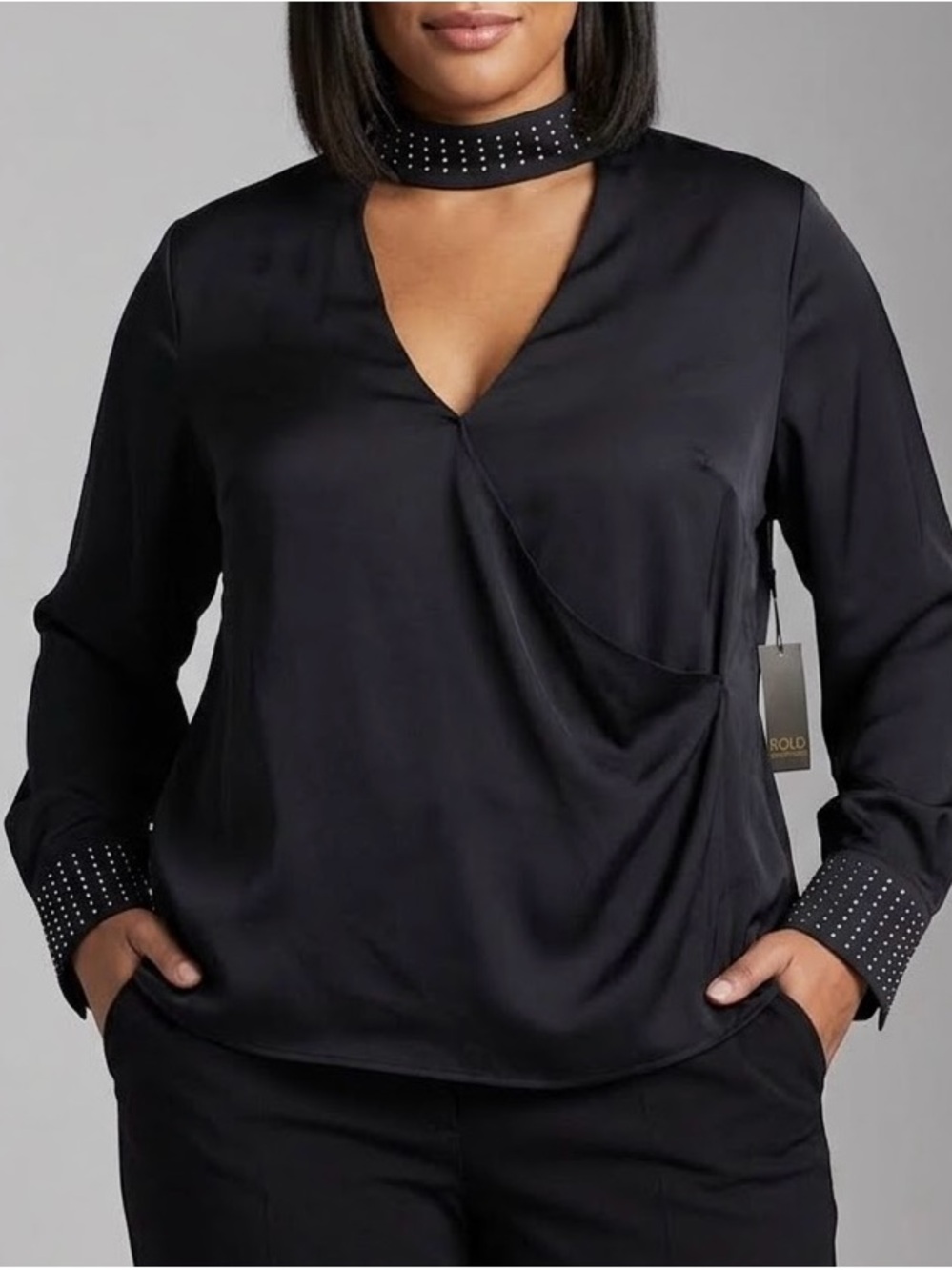 NWT Bold Elements Womens XXL Black Studded Satin Choker Neck Wrap Blouse Top